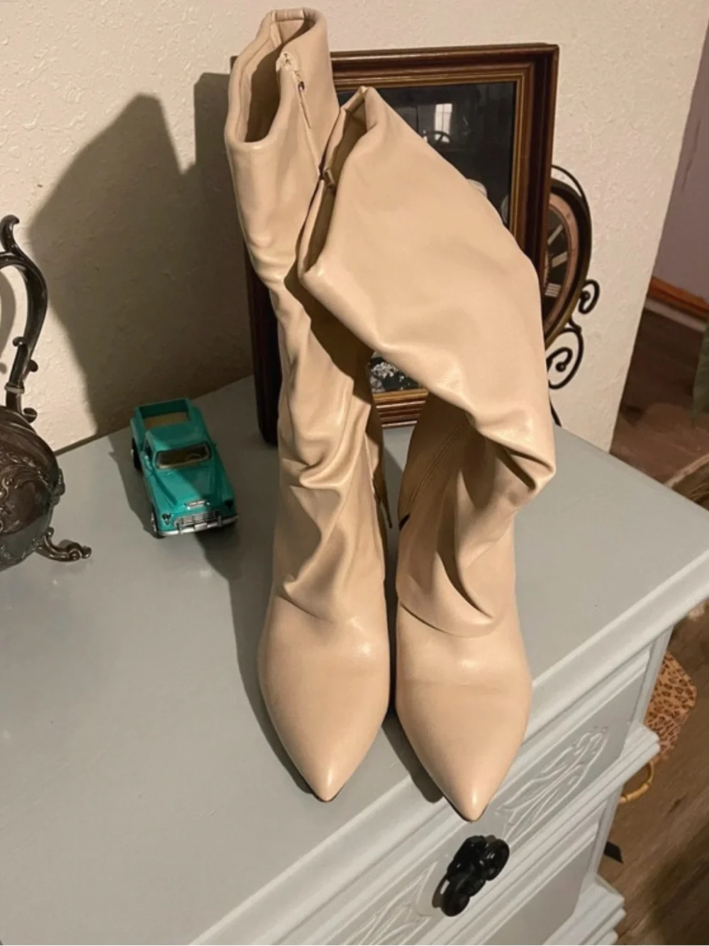 Unisa Beige Slouchy Knee-High Pointed Toe Boots